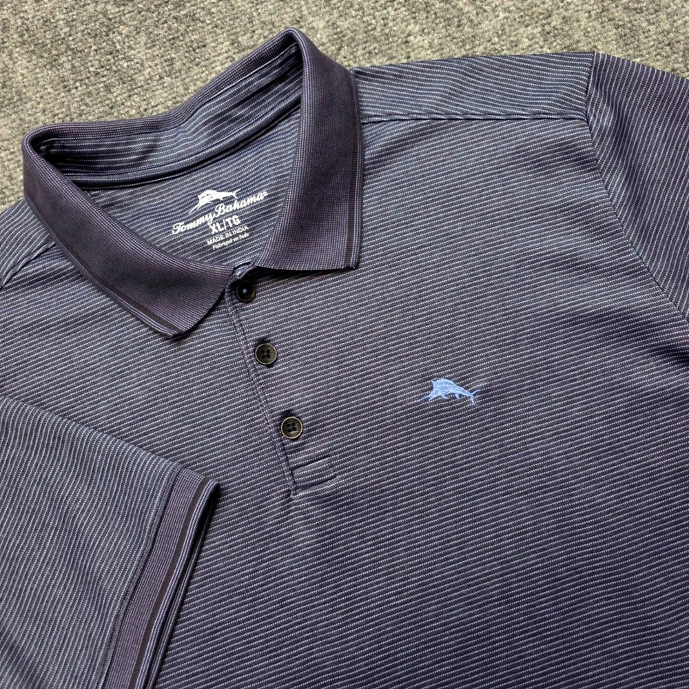 Tommy Bahama Men's XL Navy Blue Micro Stripe Short Sleeve Marlin Logo Polo Shirt